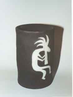 Raku cylinder with transparent glaze with kokopelli motif-view 2